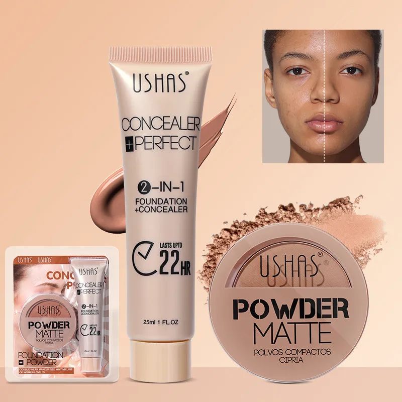USHAS Powder + Foundation Combo Set Waterproof & Brightening Skin Tone 1 ushas powder foundation combo set waterproof non fading brightening skin tone SPU737641104634 1567