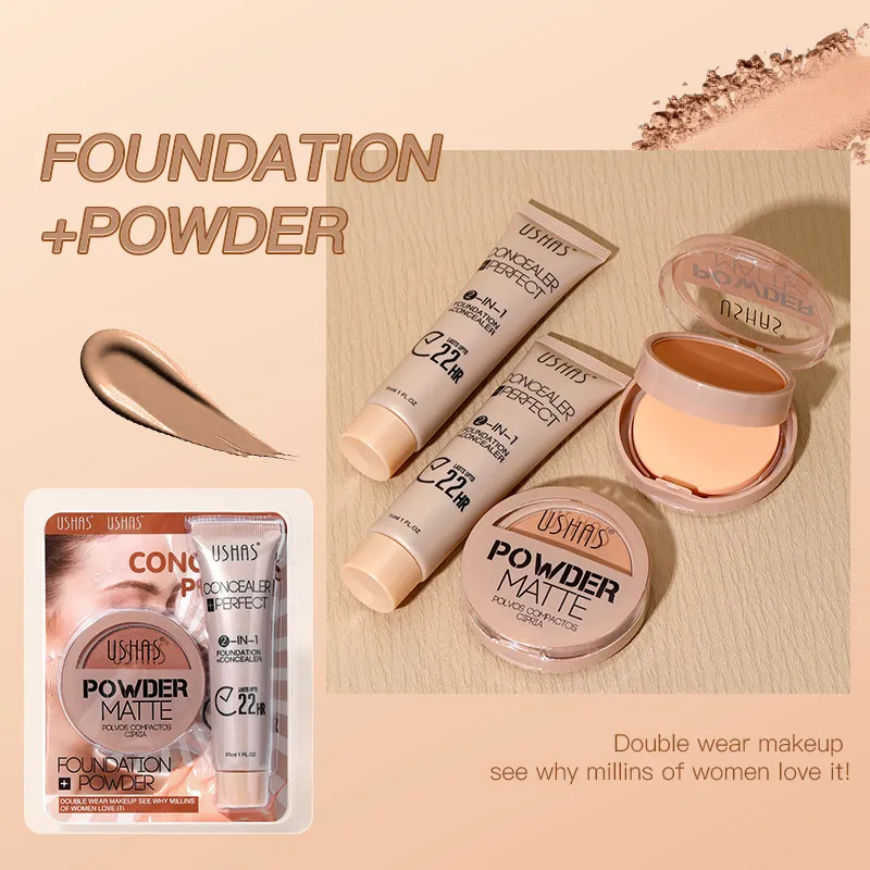 USHAS Powder + Foundation Combo Set Waterproof & Brightening Skin Tone 2 ushas powder foundation combo set waterproof non fading brightening skin tone SPU737641104634 1568