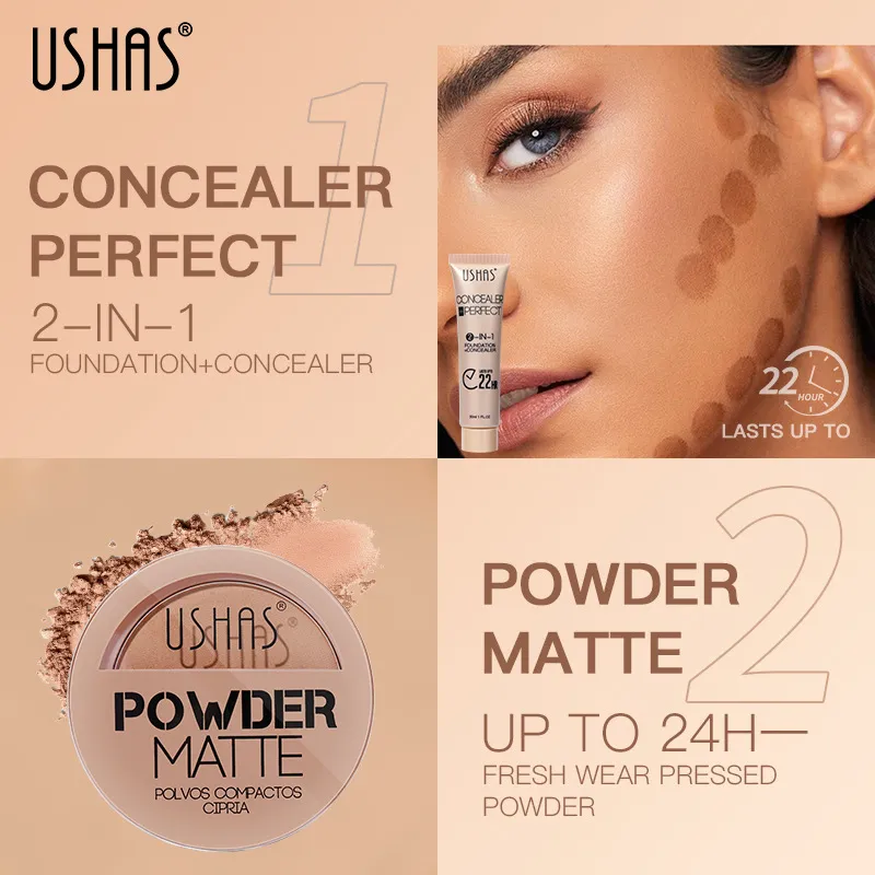 USHAS Powder + Foundation Combo Set Waterproof & Brightening Skin Tone 3 ushas powder foundation combo set waterproof non fading brightening skin tone SPU737641104634 1569